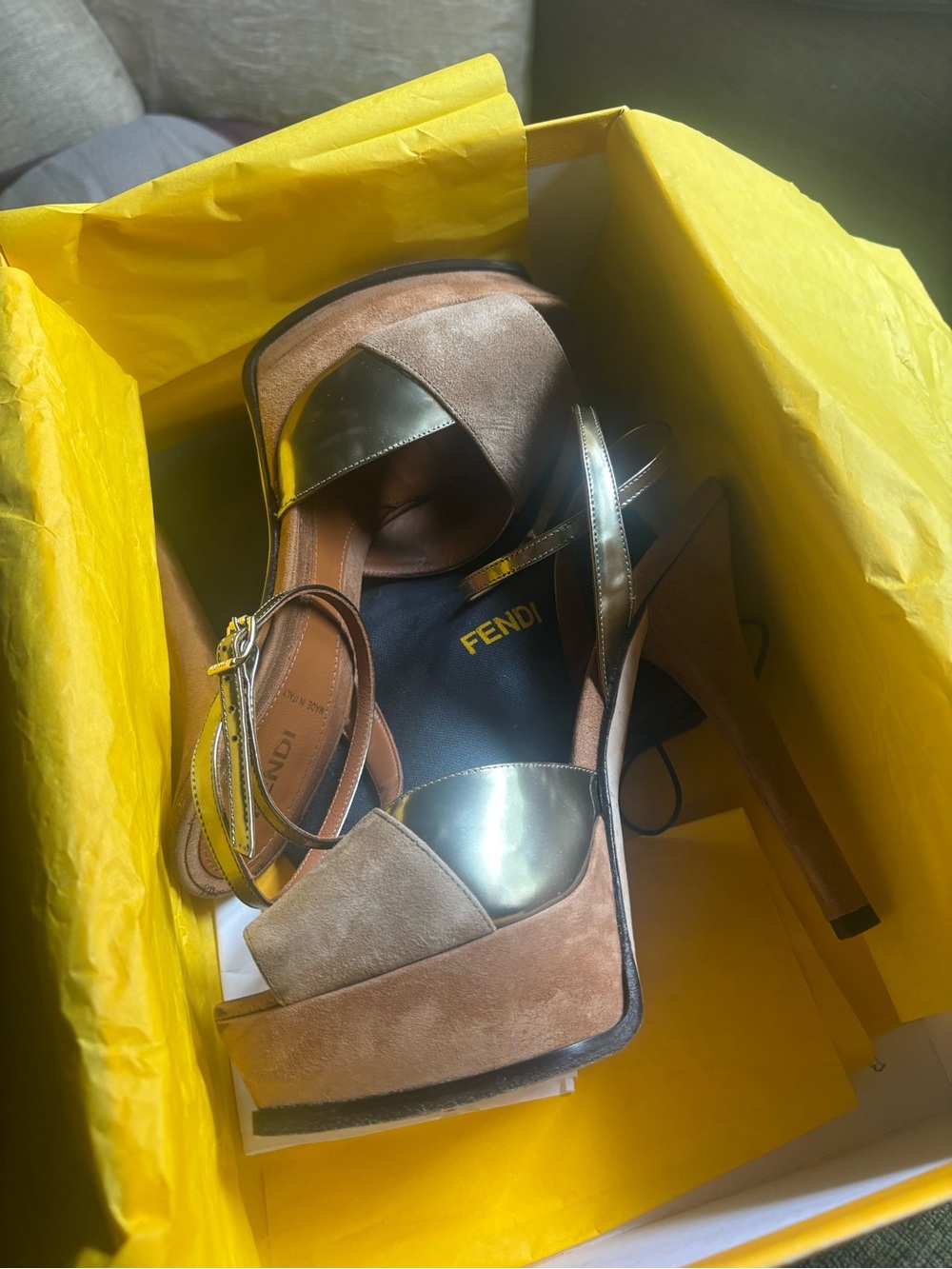 Fendi Tan Suede Platform Sandals with Gold Accents - Picture 5 of 7